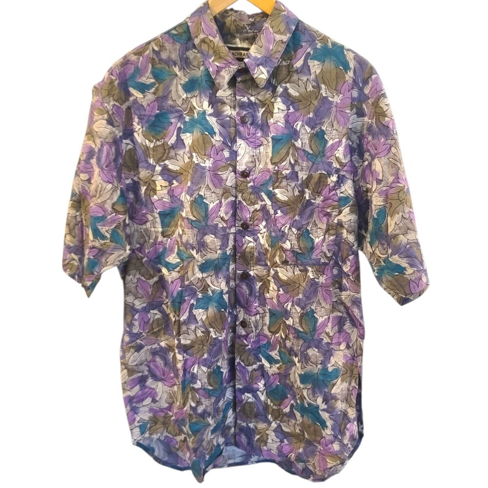 Vintage Bachrach Cotton Button Shirt Abstract Leaves 90s Medium